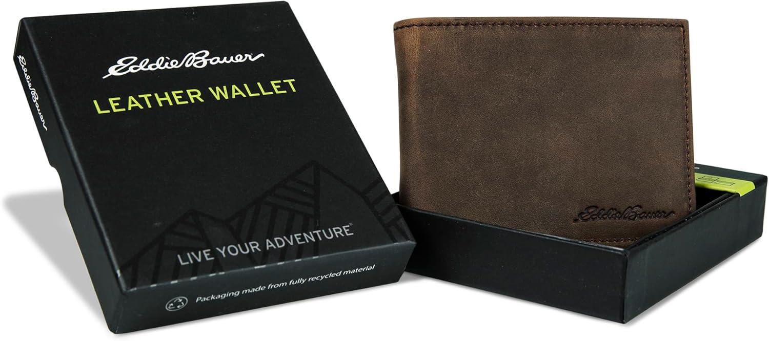 imageEddie Bauer Mens Rugged Leather Bifold Wallet Money Clip RFID Protection ID Window Genuine Leather EDCEmbossed Leather Tan