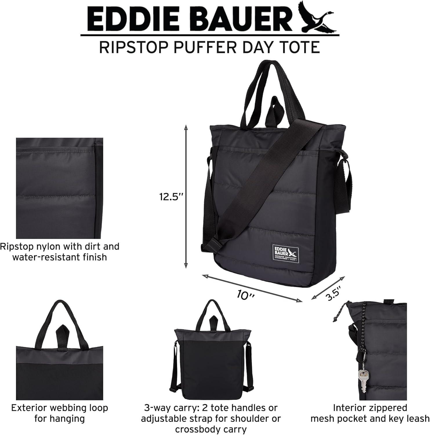 imageEddie Bauer Ripstop Nylon Puffer Day Tote Bag Everyday Carry Tote Travel VacationCarbon
