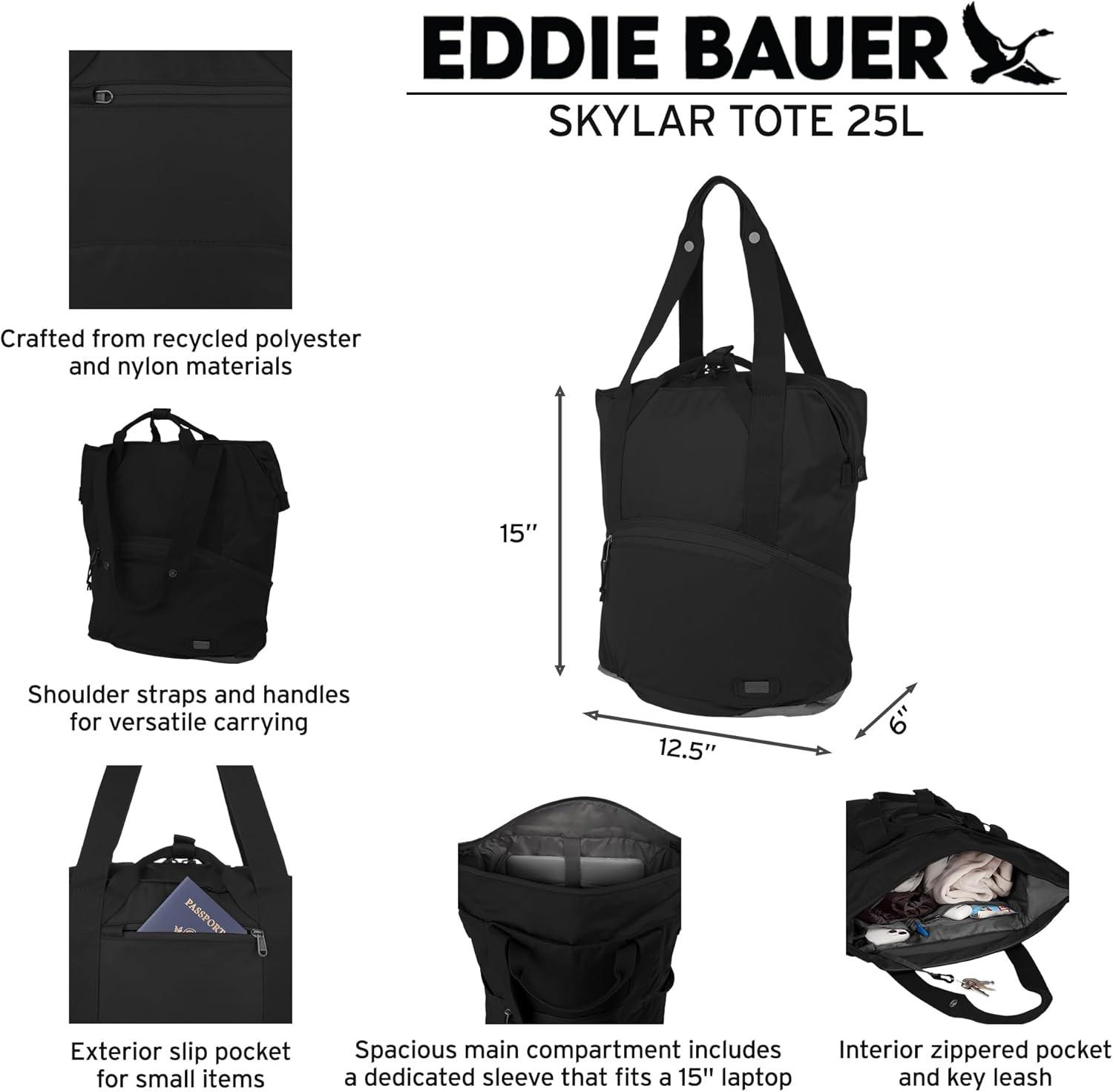 imageEddie Bauer Skylar Tote Bag EDC Work Travel Laptop Sleeve Mesh Pockets Convertible Top Handle 25LDusty Violet