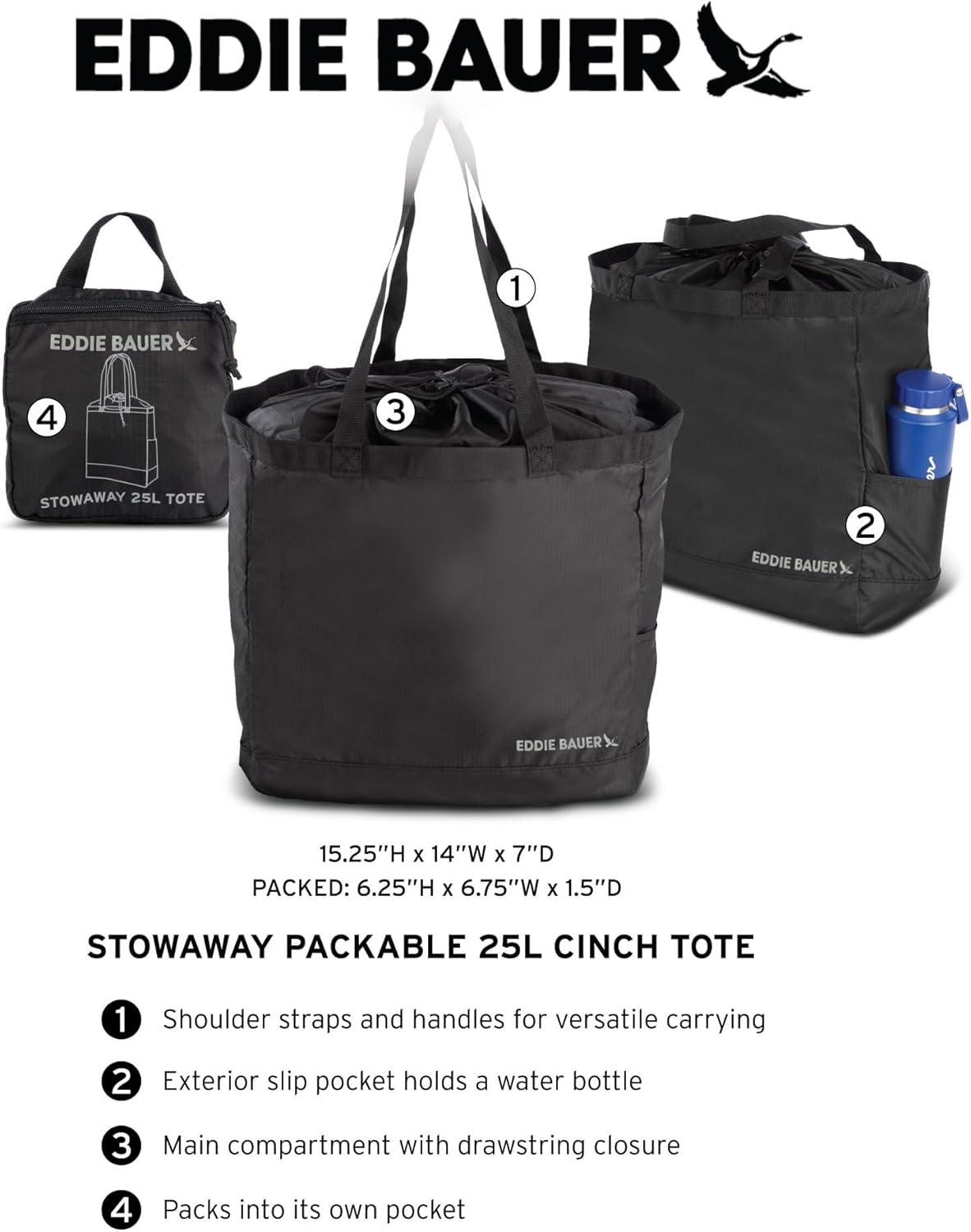 imageEddie Bauer Stowaway Packable Tote Bag Lightweight Compact Cinch Closure Ripstop Nylon 25l CapacityDeep Sea