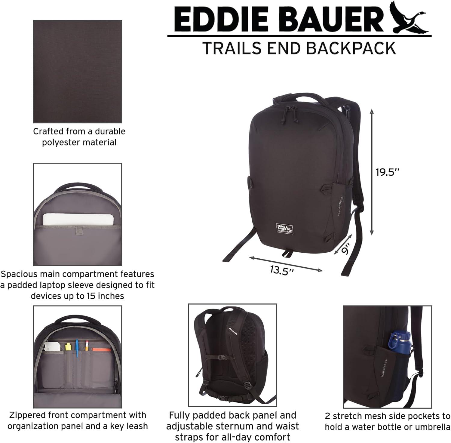 imageEddie Bauer Trail Ends Backpack 28L Laptop Sleeve Everyday Carry Travel Work Commuting Stretch Side Pockets Padded Shoulder Straps Mesh Back BrookSpruce