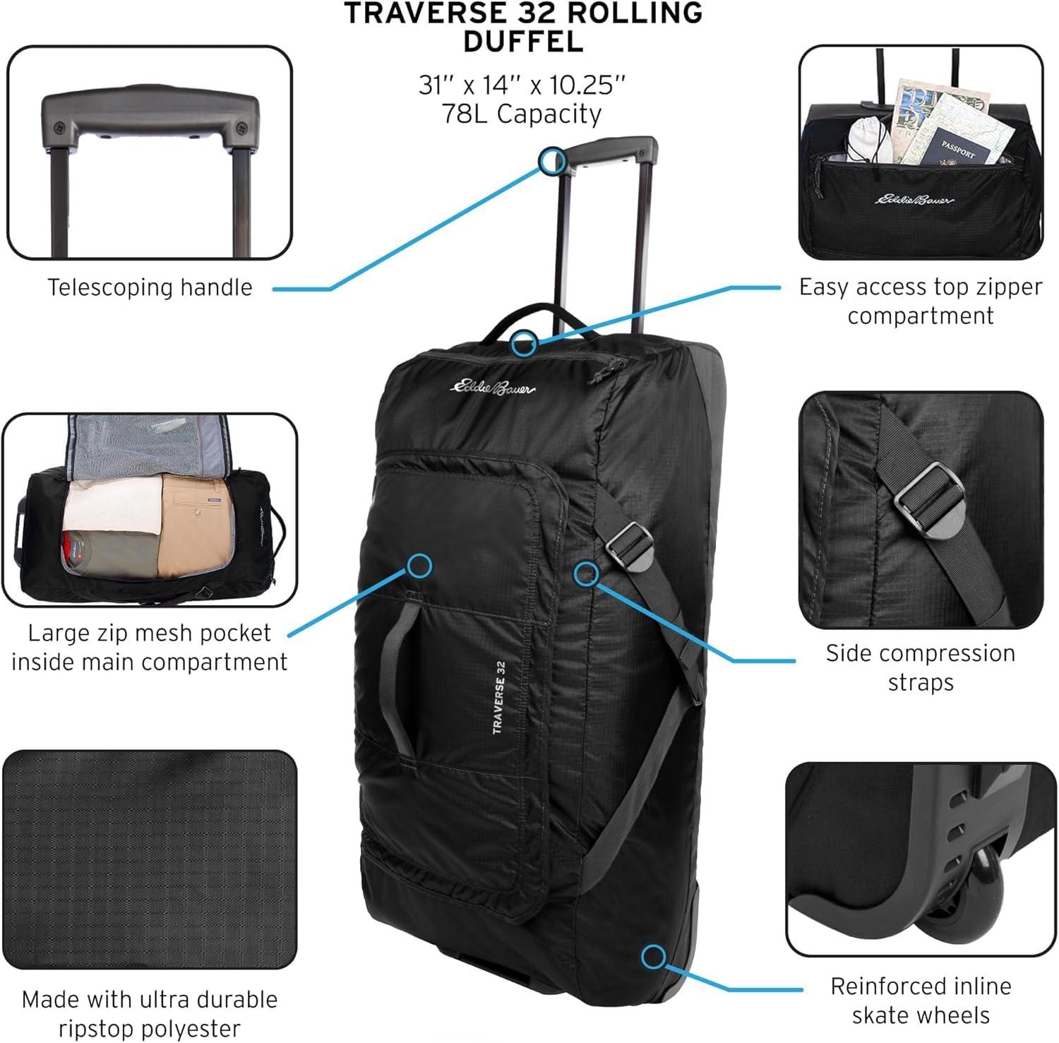imageEddie Bauer Traverse Luggage Roller Wheels Telescoping Handle Travel Vacation Ripstop Nylon Black 31quotDark Loden