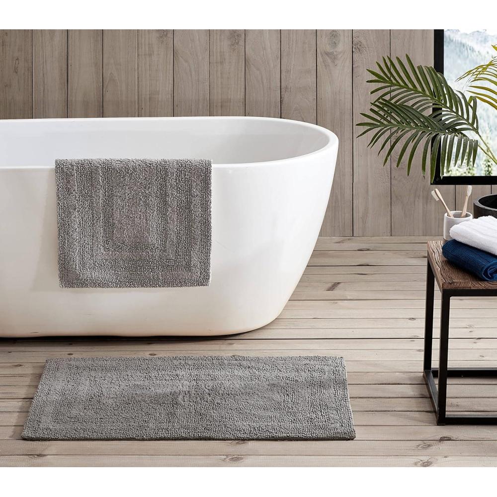 imageEddie Bauer Bathroom Rug 100 Soft Plush Tufted Cotton Runner Rug Highly Absorbent QuickDry and SkidResistant Backing Logan White 22quot x 60quotChrome Grey