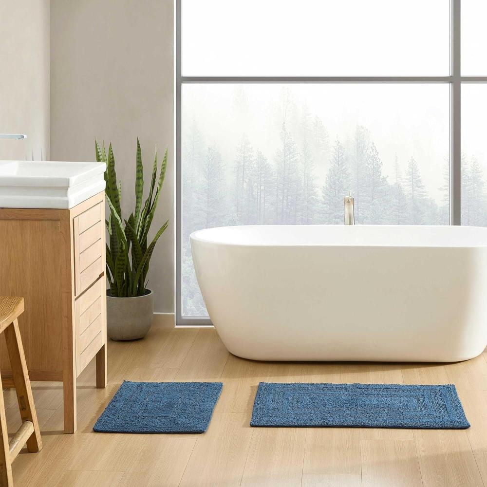 imageEddie Bauer Bathroom Rug 100 Soft Plush Tufted Cotton Runner Rug Highly Absorbent QuickDry and SkidResistant Backing Logan White 22quot x 60quotIndigo Blue