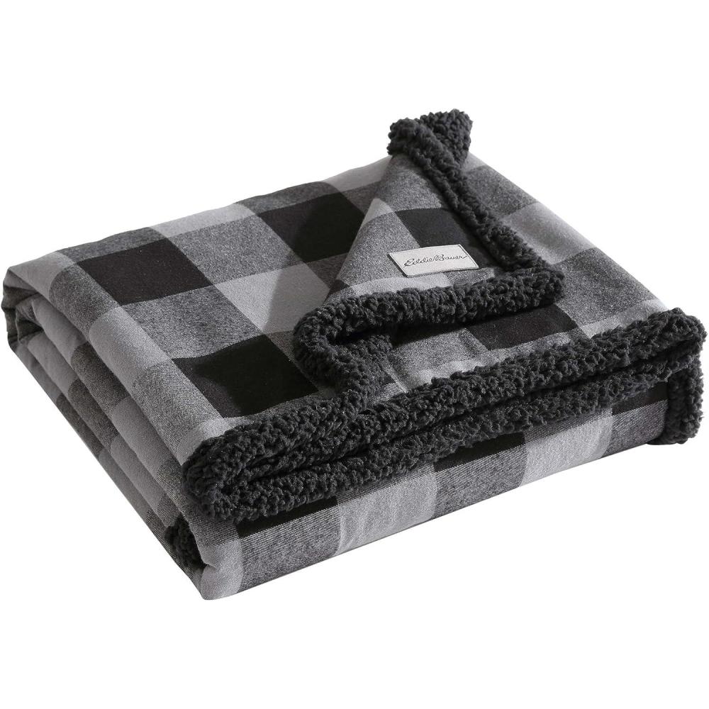 imageEddie Bauer Blanket Super Soft Reversible Sherpa ampamp Brushed Fleece Bedding Throw Blankets for Couch Ideal for Lounging Cabin Plaid BlackCabin Plaid Grey