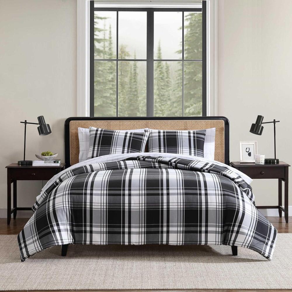 imageEddie Bauer King Comforter Set Super Soft Reversible Bedding with Matching Shams Plaid Home Decor OekoTex Certified Saddle Mountain Plaid Black KingSaddle Mountain Plaid Black