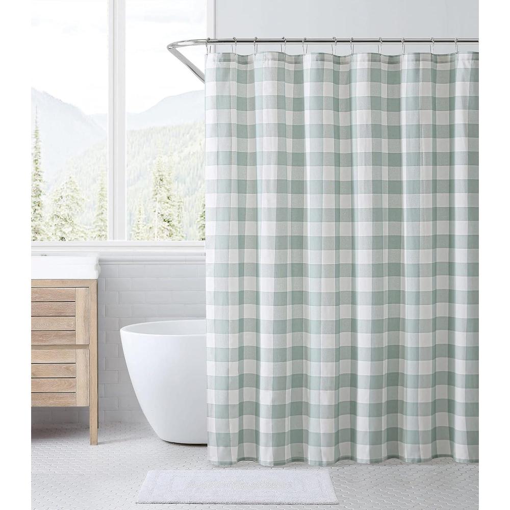 imageEddie Bauer  Shower Curtain Lightweight Cotton Bathroom Decor Buttonhole Top Cabin Plaid Green 72quot x 72quotCabin Plaid Green