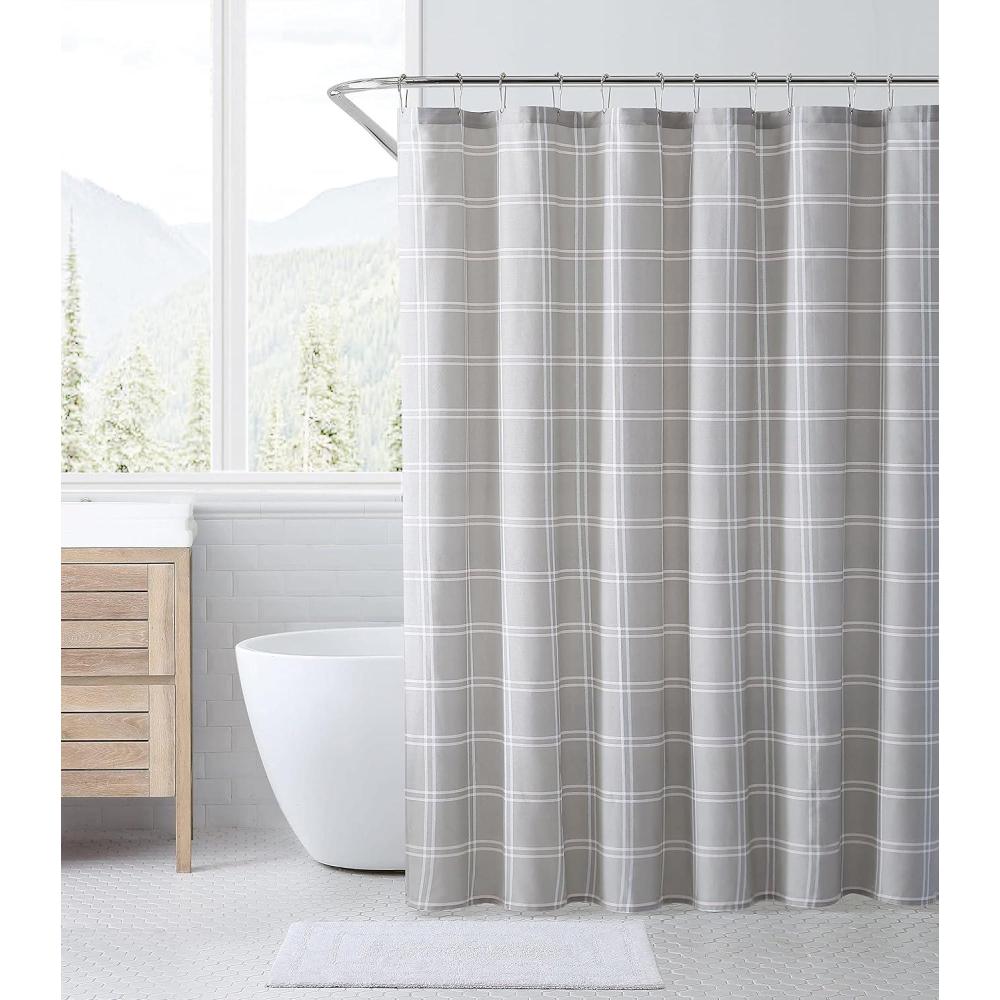 imageEddie Bauer Shower Curtain Lightweight Cotton Bathroom Decor Buttonhole Top Cabin Plaid Green 72quot x 72quotKettle Falls Beige