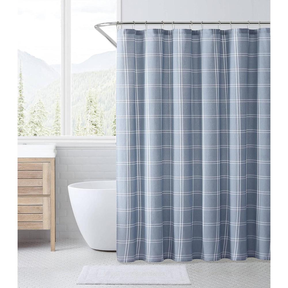imageEddie Bauer Shower Curtain Lightweight Cotton Bathroom Decor Buttonhole Top Cabin Plaid Green 72quot x 72quotKettle Falls Blue