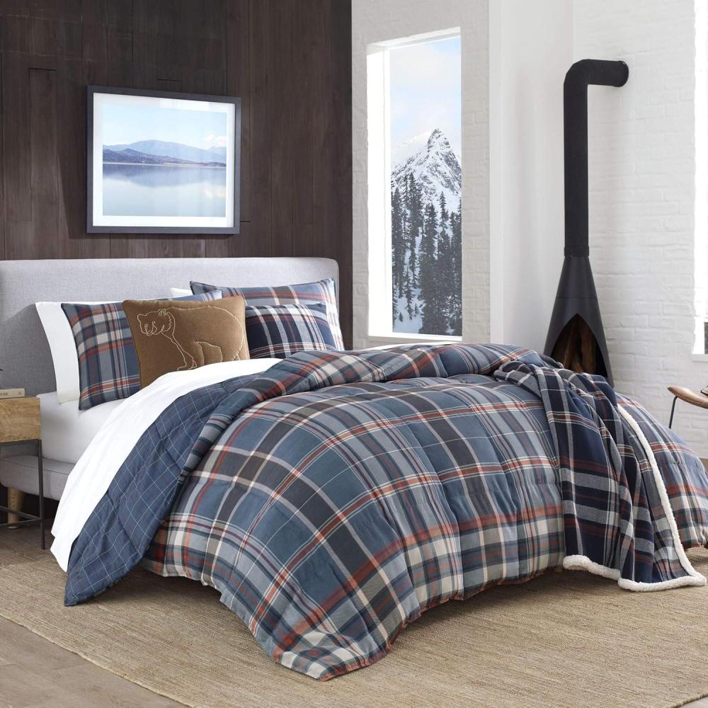imageEddie Bauer  Twin Comforter Set Microsuede Bedding with Soft Plush Faux Shearling Reverse 2 Piece Bed Set with Matching Pillowcase Big Lake Plaid GreenMedium Indigo