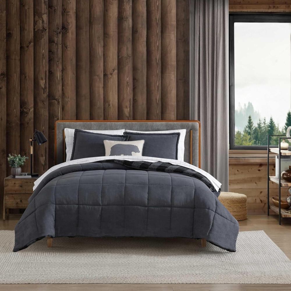 imageEddie Bauer Twin Comforter Set Microsuede Bedding with Soft Plush Faux Shearling Reverse 2 Piece Bed Set with Matching Pillowcase Big Lake Plaid GreenCabin Plaid Grey