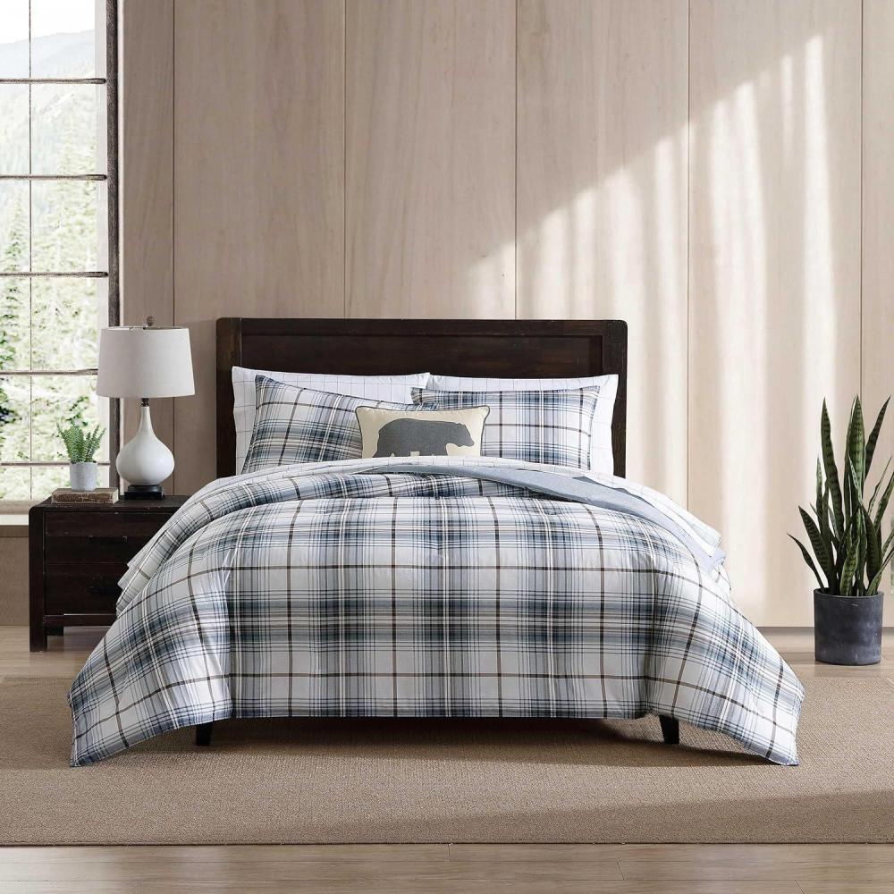 imageEddie Bauer Twin Comforter Set Reversible Cotton Bedding with Matching Sham Floral Print with Plaid Reverse MediumWeight Dorm Essentials Woodland Forest GreyAlder BlueGrey