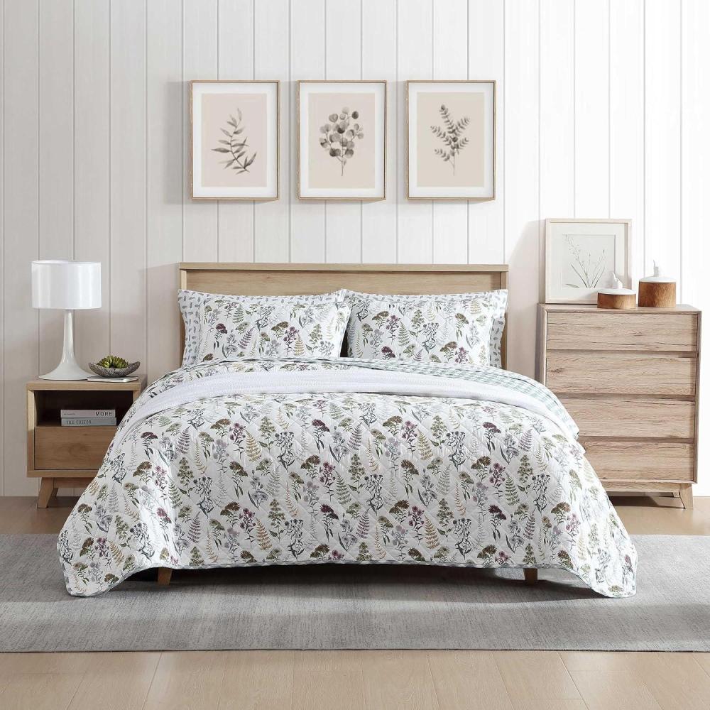 imageEddie Bauer  Twin Quilt Set Reversible Cotton Bedding with Matching Sham Classic Floral Home Decor with Plaid Reverse Flower Field Green TwinFlower Field Green