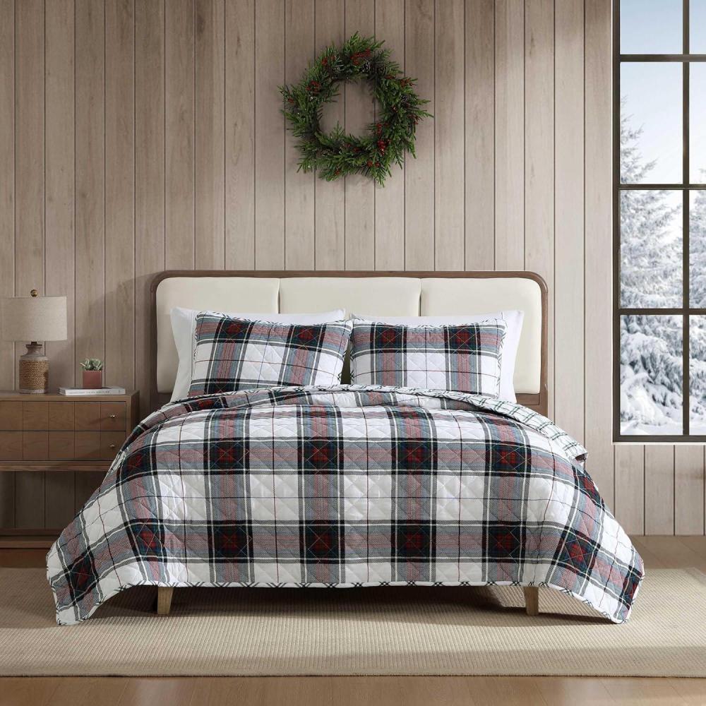 imageEddie Bauer Twin Quilt Set Super Soft Bedding with Matching Shams Rounded Corners Diamond Corner Stitch Mountain Moose Grey TwinHoliday Plaid Flannel Red