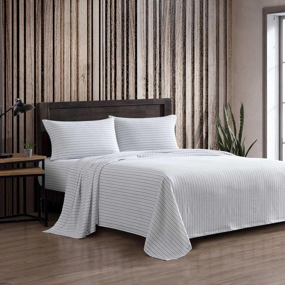 imageEddie Bauer  Twin Sheets Cotton Flannel Bedding Set Brushed For Extra Softness Cozy Home Decor Montlake Plaid TwinTicking Stripe Grey