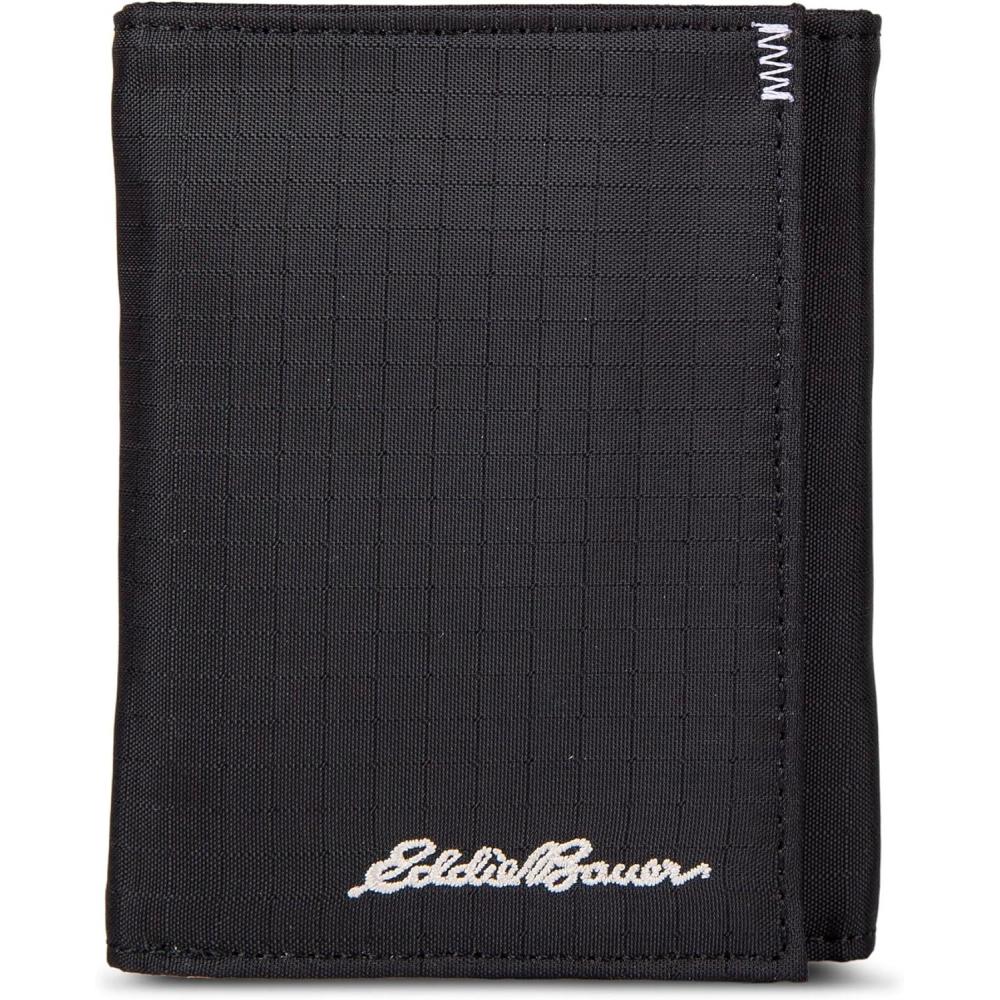 imageEddie Bauer Mens Fabric Trifold Wallet  Money Clip  RFID Protection  ID Window  Genuine Leather  EDCRipstop Nylon  Black