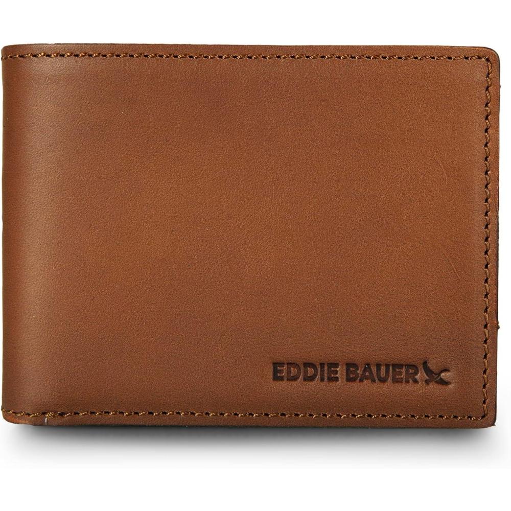 imageEddie Bauer Mens Rugged Leather Bifold Wallet Money Clip RFID Protection ID Window Genuine Leather EDC Leather Brown