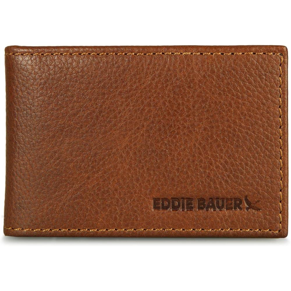 imageEddie Bauer Mens Rugged Leather Bifold Wallet  Money Clip  RFID Protection  ID Window  Genuine Leather  EDC Leather Logo  Tan wMoney Clip