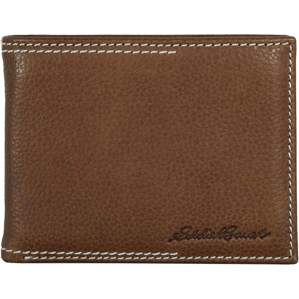 imageEddie Bauer Mens Rugged Leather Bifold Wallet  Money Clip  RFID Protection  ID Window  Genuine Leather  EDC Top Stitch Leather  Tan