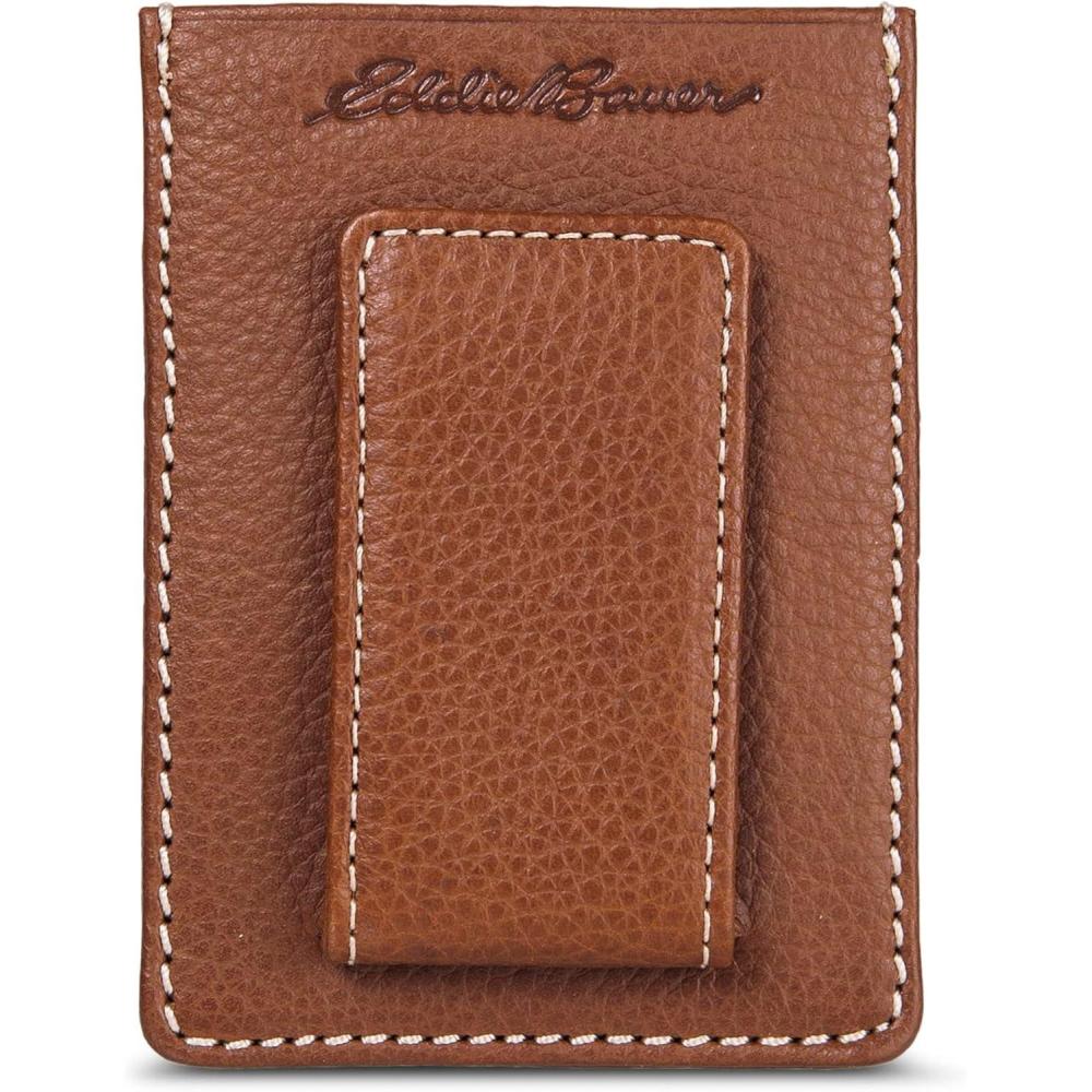 imageEddie Bauer Mens Rugged Leather Bifold Wallet  Money Clip  RFID Protection  ID Window  Genuine Leather  EDC Top Stitch Leather  Tan wMoney Clip