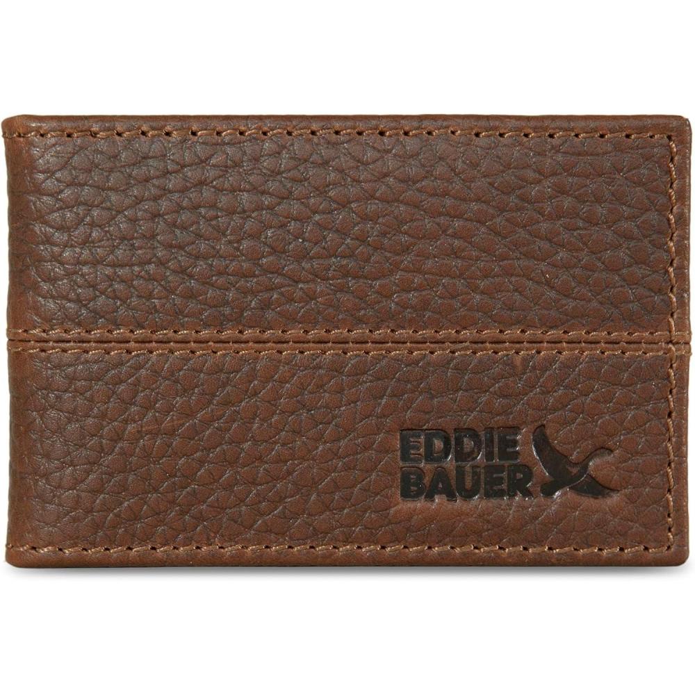 imageEddie Bauer Mens Rugged Leather Bifold Wallet  Money Clip  RFID Protection  ID Window  Genuine Leather  EDCRugged Leather  Tan w Money Clip