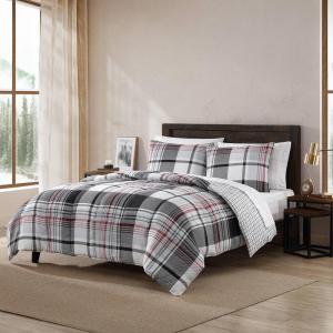 Eddie Bauer – Twin Comforter Set, Reversible Cotton Bedding with Matching Sham, Floral Print with Plaid Reverse, Medium-Weight, Dorm Essentials (Woodland Forest Grey)(Normandy Plaid Black)