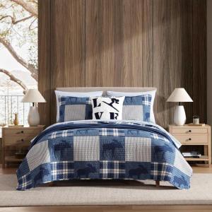Eddie Bauer – Twin Quilt Set, Reversible Cotton Bedding with Matching Sham, Lightweight Home Decor for All Seasons (Eastmont Navy, Twin)(Moose Plaid/Pinstripe/Patchwork Blue)