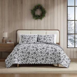 Eddie Bauer – Twin Quilt Set, Super Soft Bedding with Matching Shams, Rounded Corners, Diamond Corner Stitch (Mountain Moose Grey, Twin)(Woodblock Floral Black)