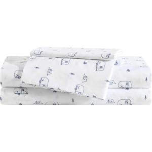Eddie Bauer Kids – Twin Sheets, Stain-Resistant Toddler Bedding with Matching Sham(s), Super Soft, Ideal Boy Room Essentials (Fish Lake White, Twin)(Travel Trailer Blue)