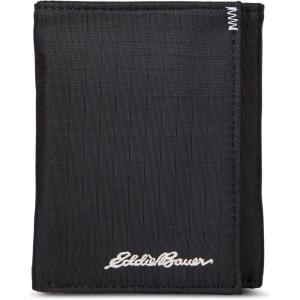 Eddie Bauer Men’s Fabric Trifold Wallet | Money Clip | RFID Protection | ID Window | Genuine Leather | EDC(Ripstop Nylon – Black)