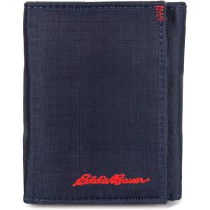 Eddie Bauer Men’s Fabric Trifold Wallet | Money Clip | RFID Protection | ID Window | Genuine Leather | EDC(Ripstop Nylon- Navy)