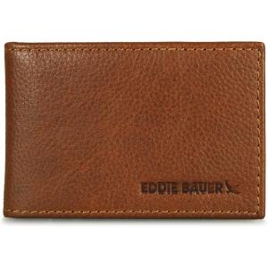 Eddie Bauer Men’s Rugged Leather Bifold Wallet | Money Clip | RFID Protection | ID Window | Genuine Leather | EDC, Leather Logo – Tan w/Money Clip