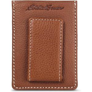 Eddie Bauer Men’s Rugged Leather Bifold Wallet | Money Clip | RFID Protection | ID Window | Genuine Leather | EDC, Top Stitch Leather – Tan w/Money Clip