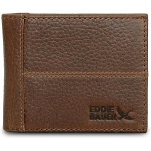 Eddie Bauer Men’s Rugged Leather Bifold Wallet | Money Clip | RFID Protection | ID Window | Genuine Leather | EDC(Rugged Leather – Tan w/ Flip ID)
