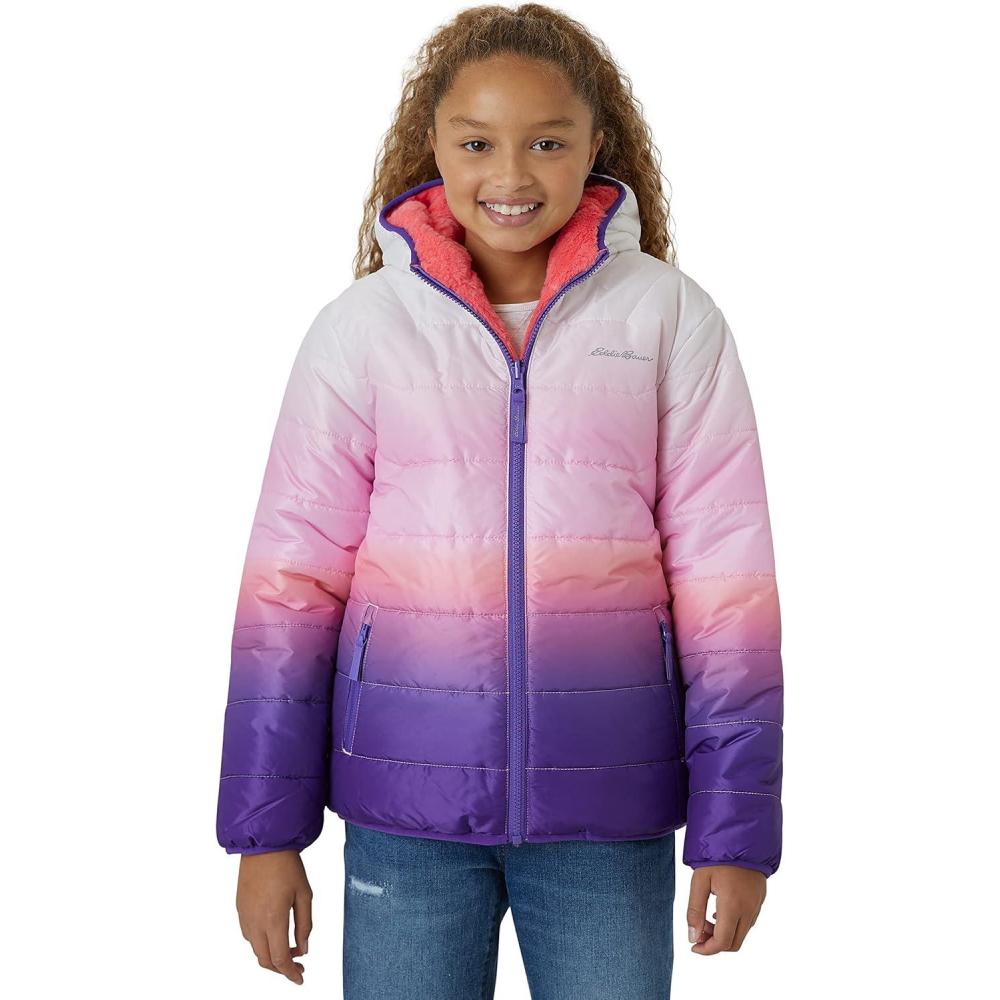 imageEddie Bauer Girls Reversible Jacket Deer Harbor Waterproof Lightweight Puffer Coat with Faux Shearling Lining 520Blush