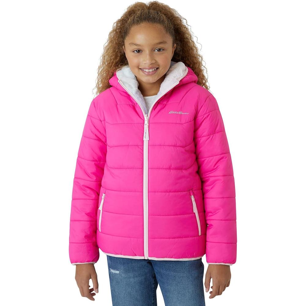 imageEddie Bauer Girls Reversible Jacket  Deer Harbor Waterproof Lightweight Puffer Coat with Faux Shearling Lining 520Magenta