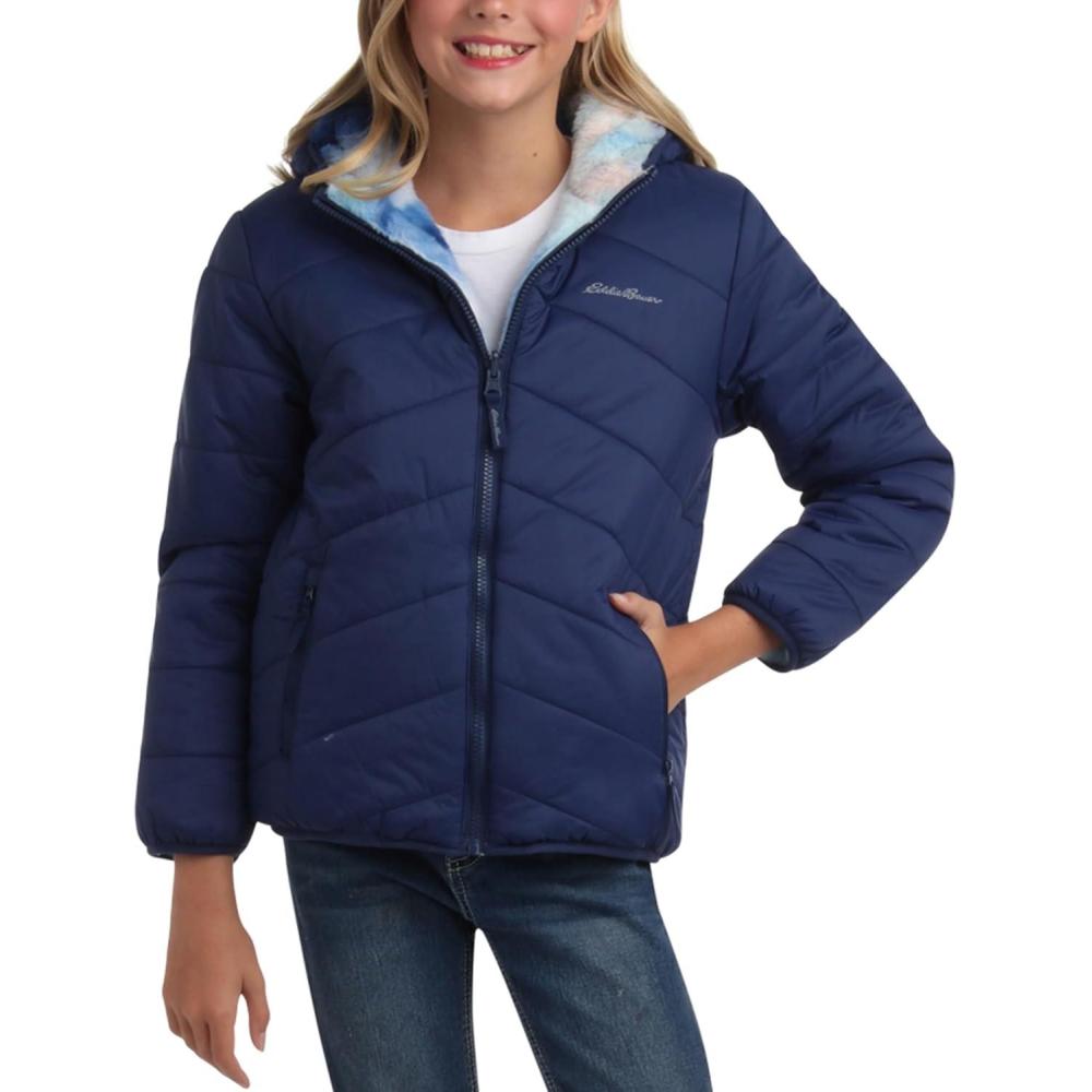 imageEddie Bauer Girls Reversible Jacket  Deer Harbor Waterproof Lightweight Puffer Coat with Faux Shearling Lining 520Navy Blue