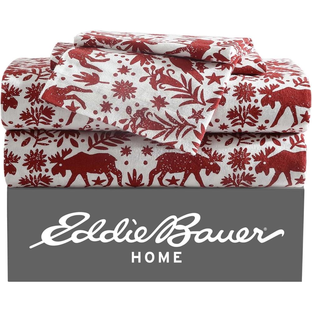 imageEddie Bauer Twin Sheet Set Cotton Flannel Bedding Set Brushed for Extra Softness Cozy Home Dcor Bear Mountain Grey TwinArcadia Red