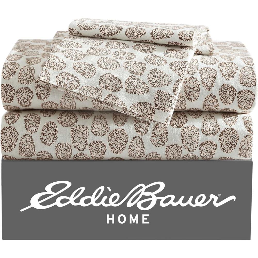 imageEddie Bauer Twin Sheet Set Cotton Flannel Bedding Set Brushed for Extra Softness Cozy Home Dcor Bear Mountain Grey TwinLittle Creek Pine Cone Beige