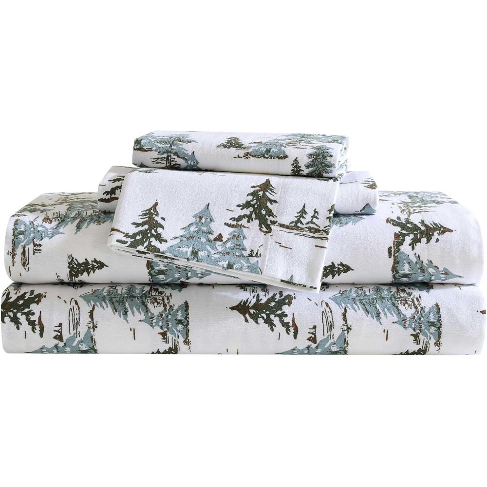 imageEddie Bauer Twin Sheet Set Cotton Flannel Bedding Set Brushed for Extra Softness Cozy Home Dcor Bear Mountain Grey TwinSnowy Pine Trees