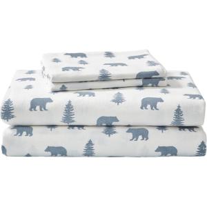 Eddie Bauer- Twin Sheet Set, Cotton Flannel Bedding Set, Brushed for Extra Softness, Cozy Home Décor (Bear Mountain Grey, Twin)(Bears and Trees Blue)