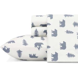 Eddie Bauer- Twin Sheet Set, Cotton Flannel Bedding Set, Brushed for Extra Softness, Cozy Home Décor (Bear Mountain Grey, Twin)(Bears and Trees Blue/Ivory)