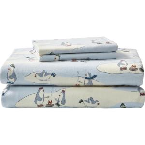 Eddie Bauer- Twin Sheet Set, Cotton Flannel Bedding Set, Brushed for Extra Softness, Cozy Home Décor (Bear Mountain Grey, Twin)(Skating Penguin Light Blue)