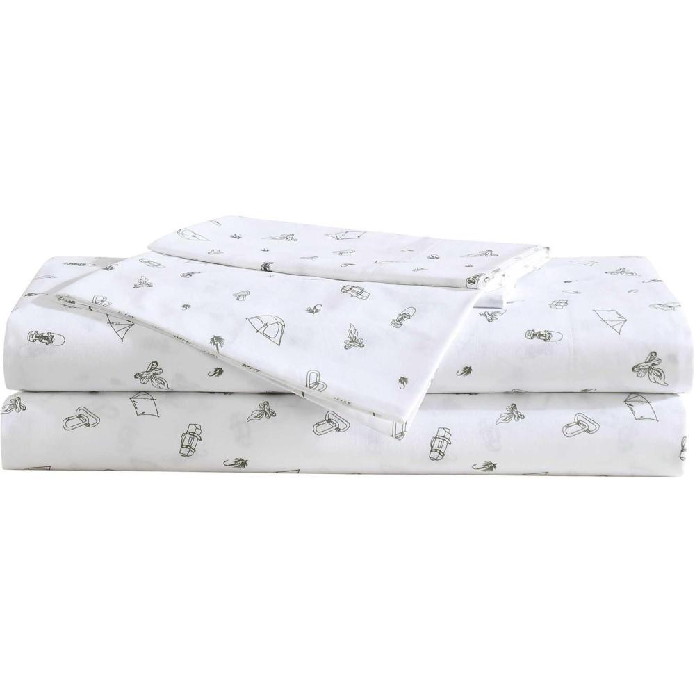 imageEddie Bauer  Twin Sheet Set Cotton Percale Bed Sheets Crisp ampamp Cool Ideal Dorm Essentials Canoe Lake Paddle White TwinCamp Green