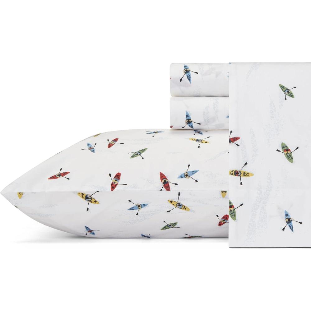 imageEddie Bauer  Twin Sheet Set Cotton Percale Bed Sheets Crisp ampamp Cool Ideal Dorm Essentials Canoe Lake Paddle White TwinKayaks WhiteBlueRed