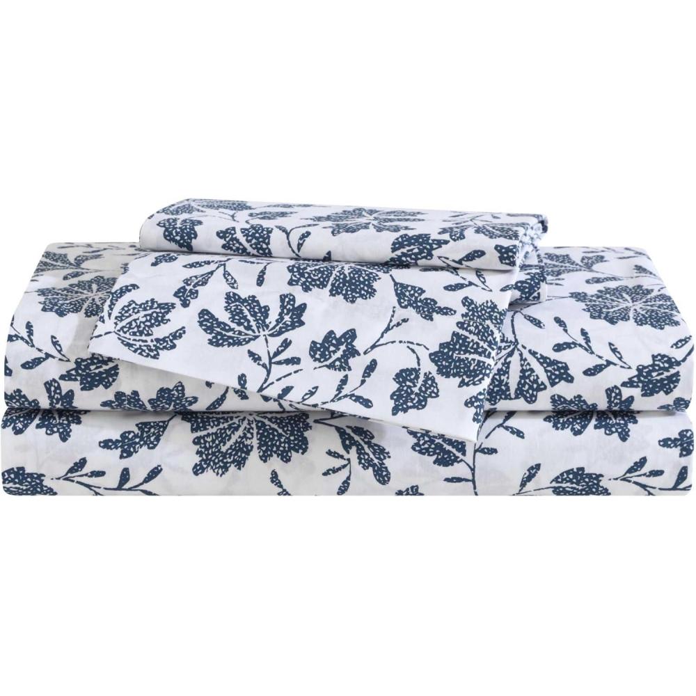 imageEddie Bauer  Twin Sheet Set Cotton Percale Bed Sheets Crisp ampamp Cool Ideal Dorm Essentials Canoe Lake Paddle White TwinWoodblock Floral Blue