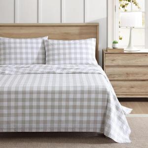 Eddie Bauer – Twin Sheet Set, Cotton Percale Bed Sheets, Crisp & Cool, Ideal Dorm Essentials (Canoe Lake Paddle White, Twin)(Basic Plaid Beige)