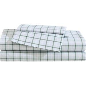 Eddie Bauer – Twin Sheet Set, Cotton Percale Bed Sheets, Crisp & Cool, Ideal Dorm Essentials (Canoe Lake Paddle White, Twin)(Classic Tattersall Plaid Green)