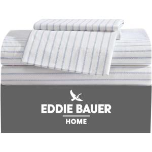 Eddie Bauer – Twin Sheet Set, Cotton Percale Bed Sheets, Crisp & Cool, Ideal Dorm Essentials (Canoe Lake Paddle White, Twin)(Essential Stripe White)