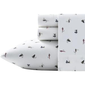 Eddie Bauer – Twin Sheet Set, Cotton Percale Bed Sheets, Crisp & Cool, Ideal Dorm Essentials (Canoe Lake Paddle White, Twin)(Fishing Flies White/Red/Blue)